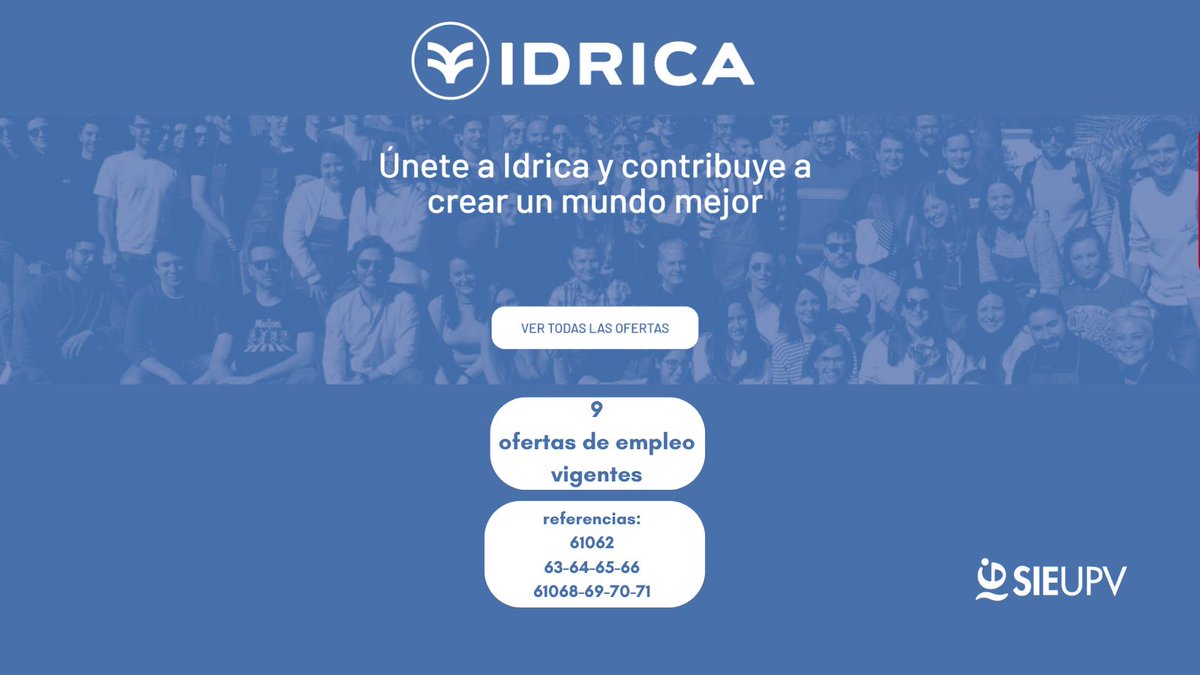 ¡La empresa Idrica 💧tiene oportunidades laborales para ti! Puedes ver sus ofertas con las referencias (61062, 63-64-65-66, 61968-69-70-71). 🔗aplicat.upv.es/dire-app/gesOf…