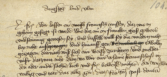 8. Mai 1409: Der Nürnberger Rat teilt Augsburg und Ulm vertraulich mit, dass es in Franken eine Ansammlung von Truppen gegeben hat, die nächtens nach Schwaben abgezogen ist. (BB2, Nr. 370)
lme70.informatik.uni-erlangen.de:8060/exist/apps/nue…