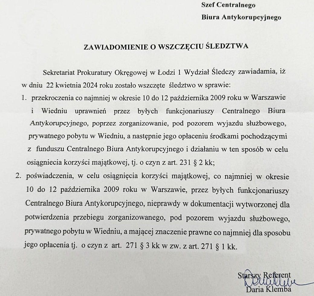 Z zawiadomienia Szefa @CBAgovPL Prokuratura Okręgowa w Łodzi wszczęła śledztwo w sprawie przekroczenia uprawnień i poświadczenia nieprawdy w wytworzonej dokumentacji w celu osiągnięcia korzyści majątkowej przez byłych funkcjonariuszy Centralnego Biura Antykorupcyjnego