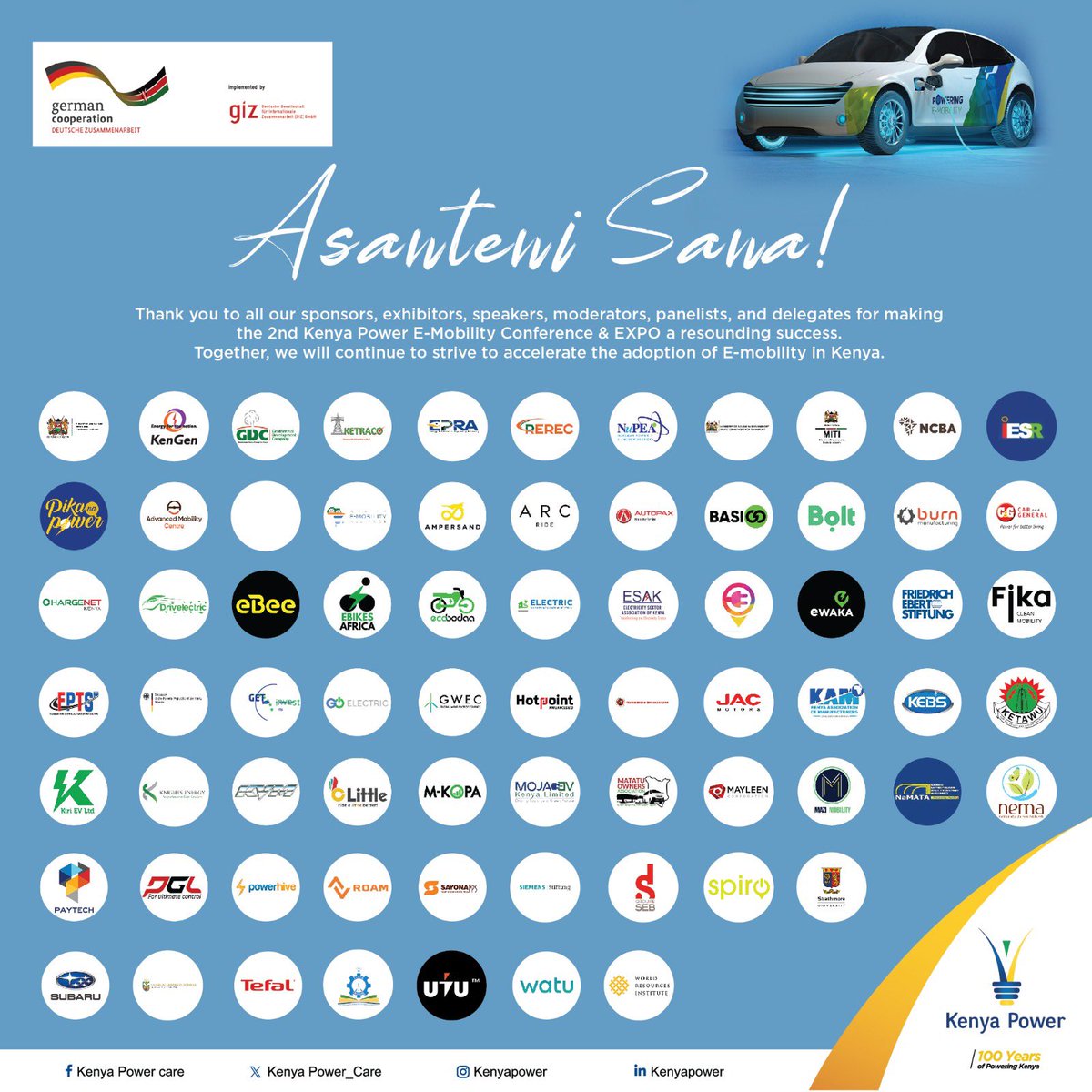 KenyaPower's tweet photo. Thank you to our incredible sponsors, exhibitors, speakers, moderators, panellists, and delegates for making the 2nd Kenya Power E-mobility Conference and EXPO a tremendous success! 

Your expertise, support, and engagement are driving the future of #EMobility towards sustainable and widespread adoption.

See you again next year! 

#TheFutureisElectric 
#PoweringEmobilityKE
#KPLCEmobilityConference