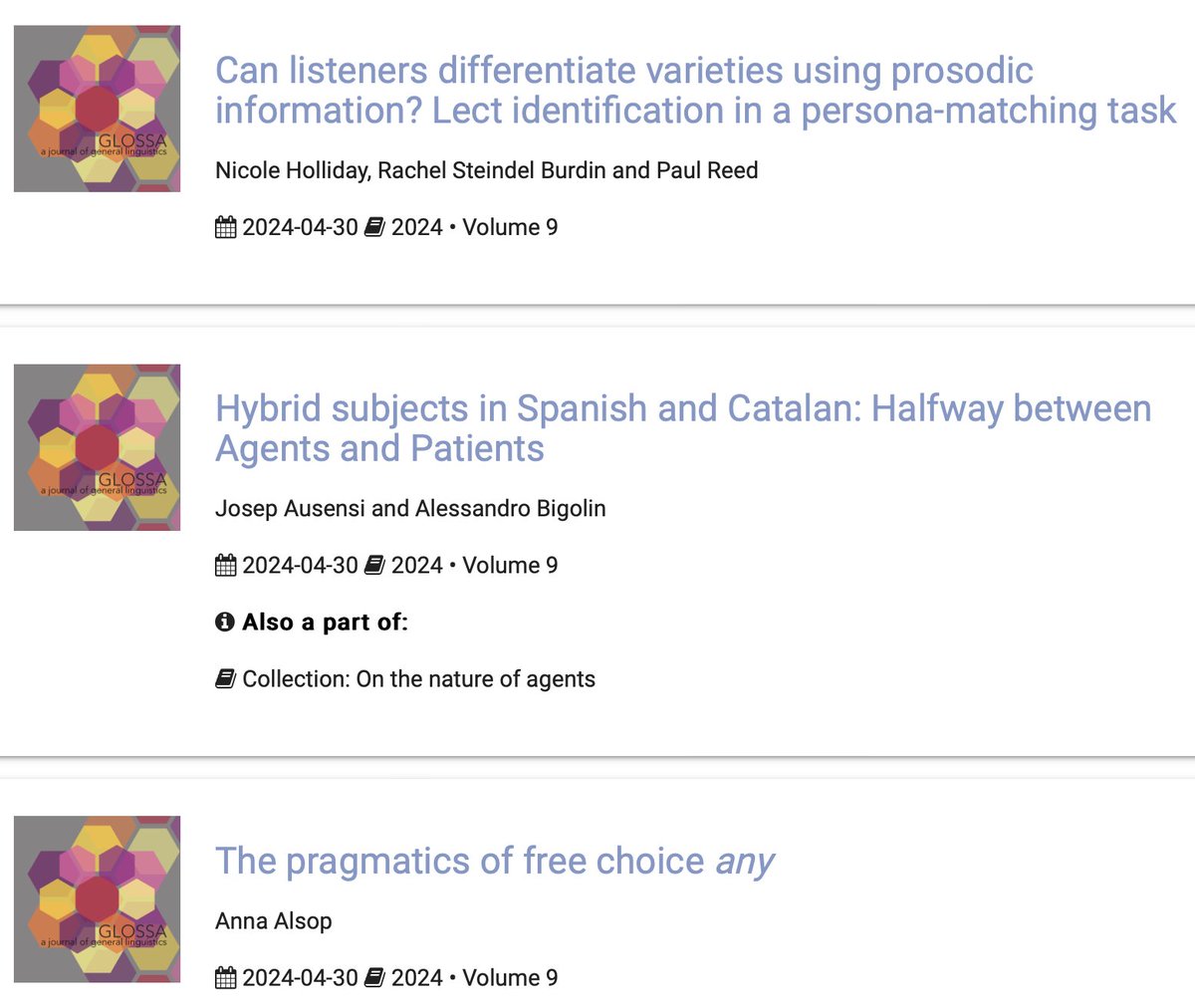 3 new #DiamondOpenAccess papers published in @glossa_oa. Find them at glossa-journal.org/articles/ Powered by the @janeway_systems platform, copy-edited and typeset by @siliconchipsuk, & financially supported by the scholar-owned consortial library model of @openlibhums.