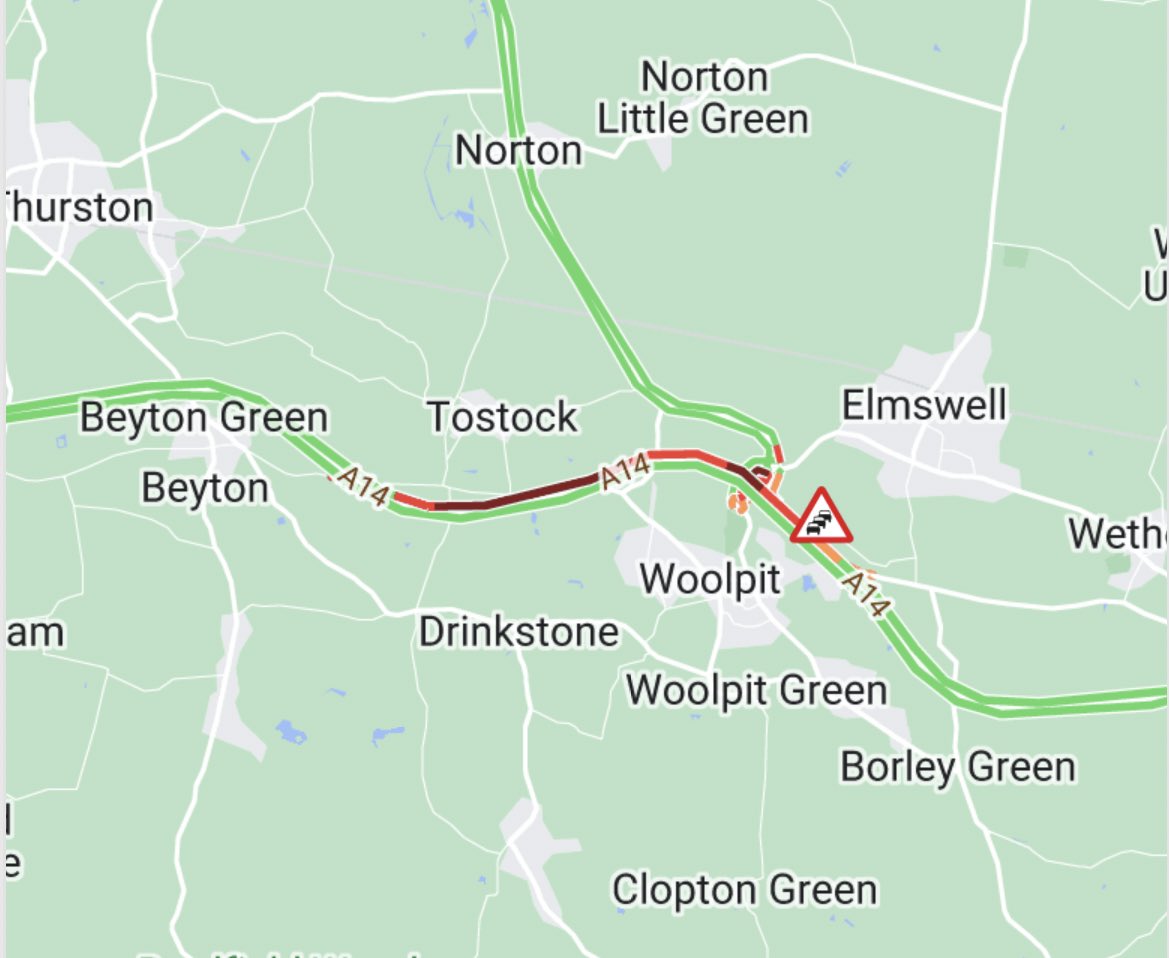 #A14 eastbound - queueing traffic between J46 (Thurston) and J47 (Woolpit) - approaching the ROADWORKS contraflow - heading towards Stowmarket
