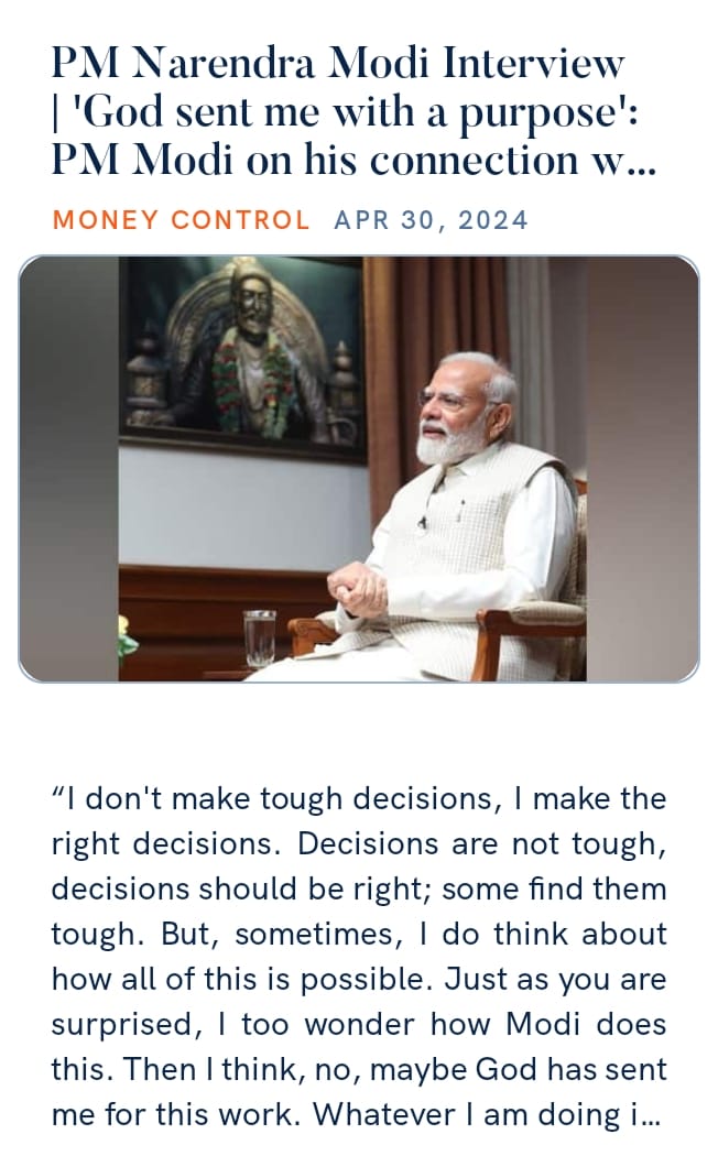 PM Narendra Modi Interview | 'God sent me with a purpose': PM Modi on his connection with almighty
moneycontrol.com/elections/lok-…

 via NaMo App