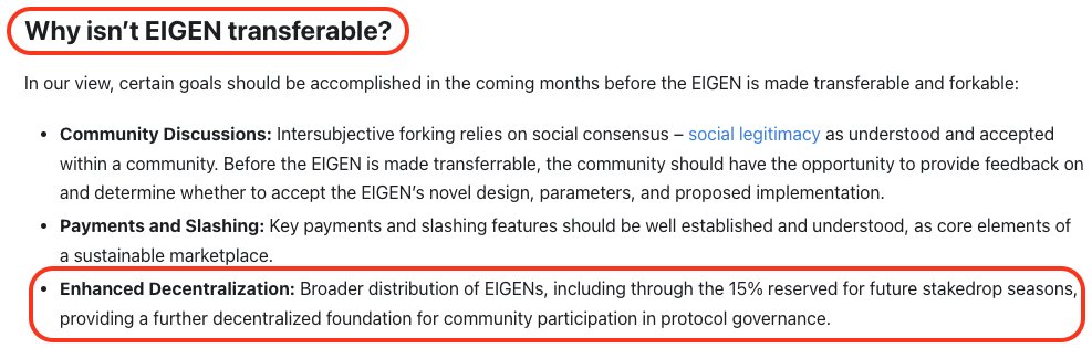 gm I think we should expect $EIGEN to be non-transferrable for quite a while (a few months at least). From my understanding of the image below, we might see the entire 15% be airdropped before the token becomes tradable. 'Certain goals should be accomplished in the coming…