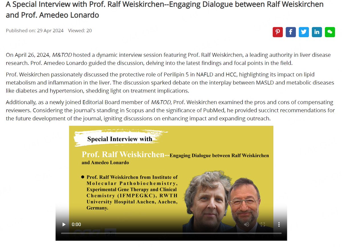 🌟 Exciting opportunity alert! Dive into the latest breakthroughs in #liver disease research with Prof. Ralf Weiskirchen. 💡Click the video link for an insightful interview: oaepublish.com/interviews/mto…