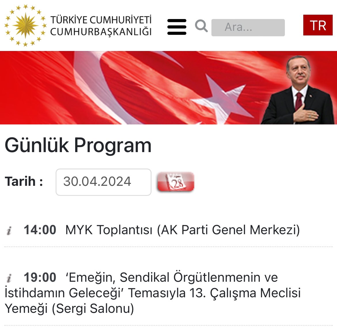 Cumhurbaşkanı programı açıklandı.

14:00 MYK Toplantısı var.

Bugün de kabine yok.

@RTErdogan 
@tcbestepe 
@Akparti 

#Mülakatsız68BinÖğretmenUlusta