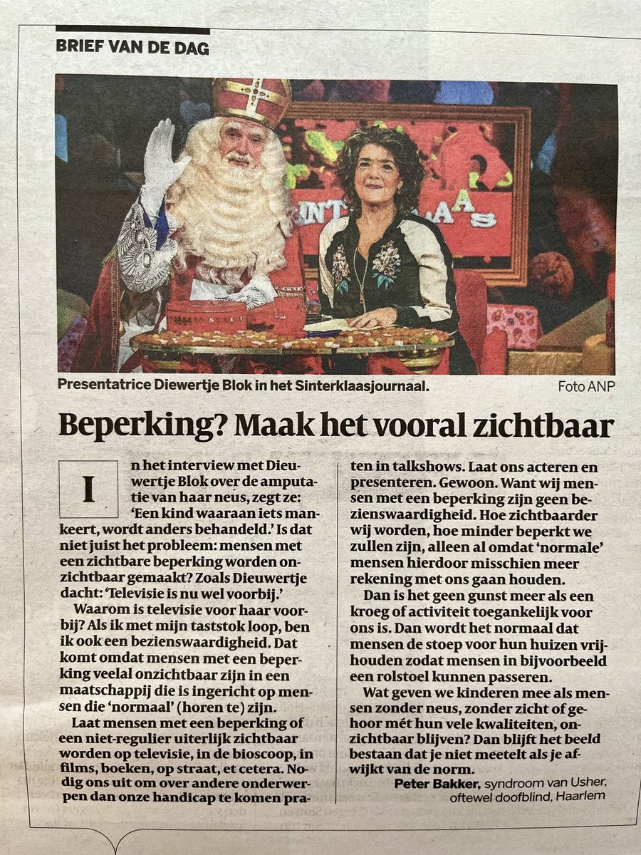 Paul Stamsnijder (@reputatiegroep) on Twitter photo “Beperking? Maak het vooral zichtbaar. Zoniet, dan blijft het beeld bestaan dat je niet meetelt als je afwijkt van de norm.” Treffende #briefvandedag als reactie op neusamputatie Dieuwertje Blok van Peter Bakker uit Haarlem (syndroom van Usher, oftewel doofblind) in <a href="/volkskrant/">de Volkskrant</a>: “Beperking? Maak het vooral zichtbaar. Zoniet, dan blijft het beeld bestaan dat je niet meetelt als je afwijkt van de norm.” Treffende #briefvandedag als reactie op neusamputatie Dieuwertje Blok van Peter Bakker uit Haarlem (syndroom van Usher, oftewel doofblind) in <a href="/volkskrant/">de Volkskrant</a>: