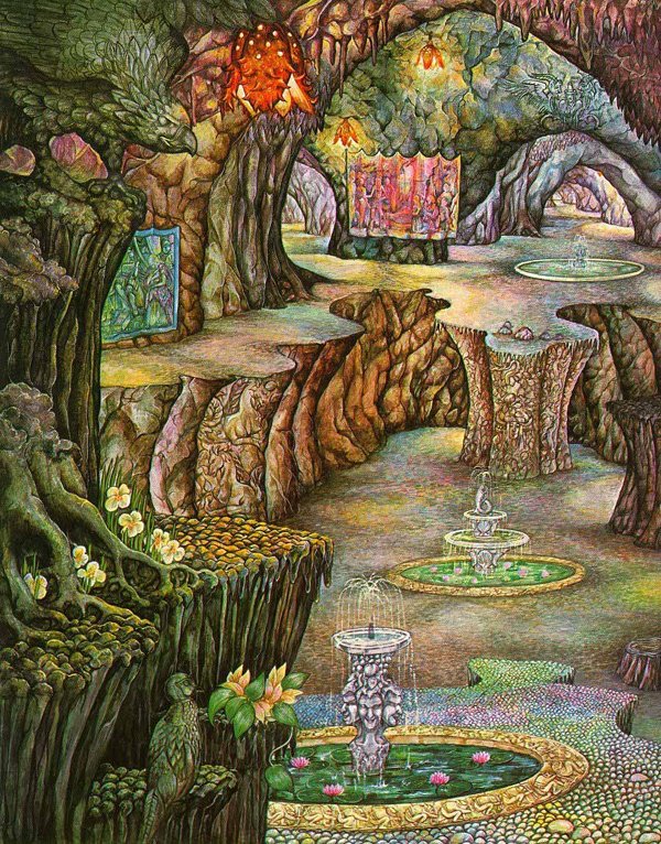 'There were fountains of silver,and basins of marble,and floors of many-coloured stone' A very colourful Menegroth by Linda Garland. Dwelling place of Thingol & Melian #Silmarillion #Tolkien Colours #TolkienTrewsday #TolkienTuesday @timboltonuk @JoelMerriner