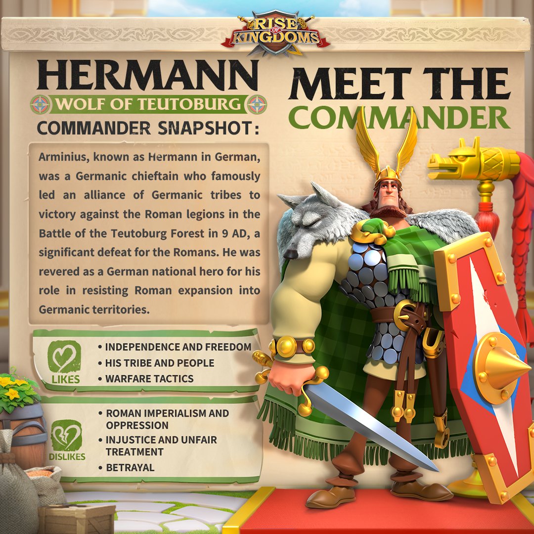 Meet Hermann, a strong commander for open field and a national hero resisting against Roman invasion. With a keen strategic mind and unparalleled leadership skills, he is hailed as the WOLF of Teutoburg🐺! #MeetTheCommanders