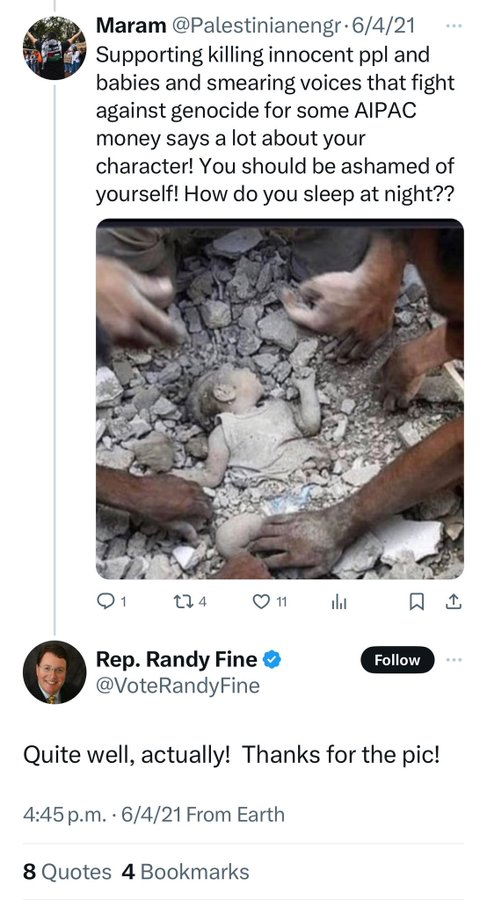 Meet Congressman Randy Fine, who is taking delight at an image of a murdered infant in Gaza genocide. What kind of a country has US turned into?