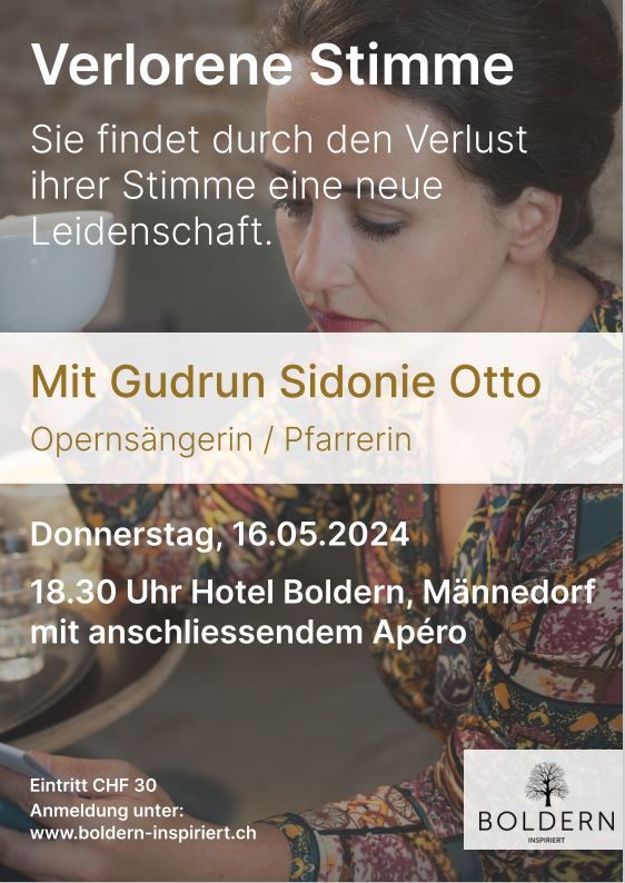 Opernsängerin &amp; Pfarrerin Gudrun Sidonie Otto verbindet Singen &amp;  Predigen, erzählt am 16. Mai 24 auf Boldern ihre Geschichte.

Anmeldung und Tickets unter: boldern-inspiriert.ch/veranstaltungen

#bolderninspiriert #männedorf #veranstaltung #hotelboldern #boldern #oper #opernsänger #pfarrerin