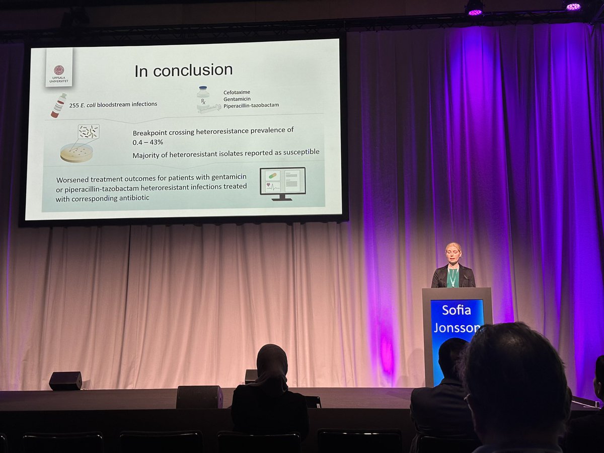 Last #ESCMIDGlobal2024 day starting w/ colleague Sofia Jonsson from @UU_University, exploring the prevalence of #heteroresistance in blood-infecting bacteria Many had it, even if classified as susceptible. When treatment is taken into account, it increases risk of worse outcome