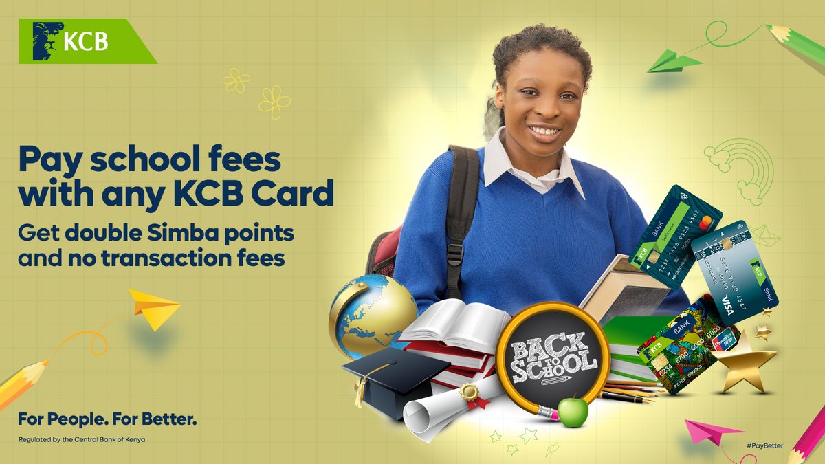 Back to School O’clock, double the rewards, half the stress! Pay your child's school fees with your KCB card on any KCB POS and earn double Simba points and no transaction fees.

#PayBetter #KCBNiYetu