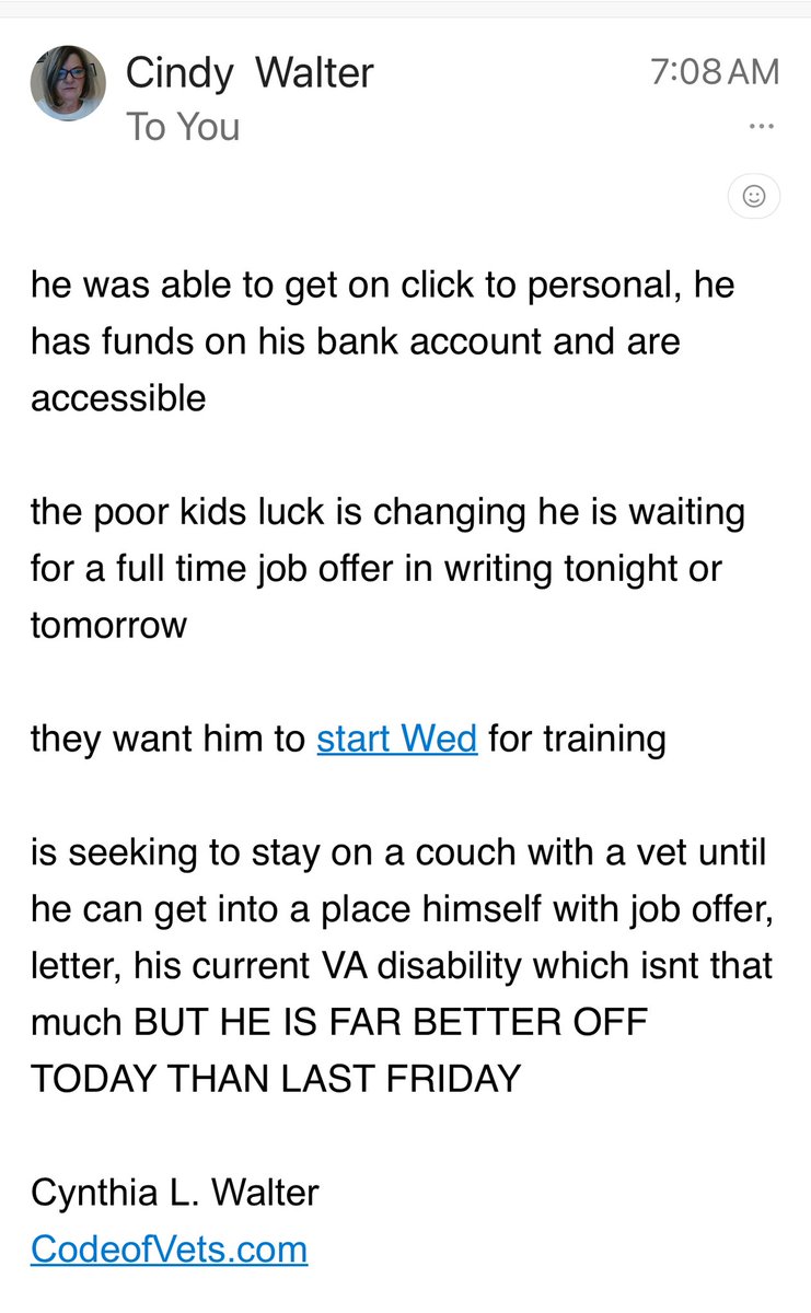 CHANGING LIVES ONE VETERAN AT A TIME I normally do not do follow up posts about our veterans, but I wanted to show this email after we sent his funds. I do have his court ordered eviction, we could not get him the funds in time but he is going to be okay🙏🏽What you all are doing…