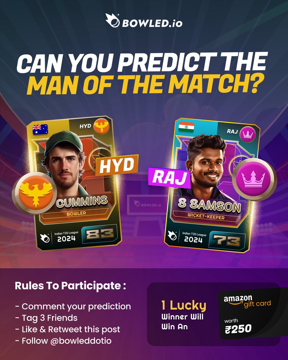 🚨 Predict and Win 🚨

✨Predict the Man of the Match in #SRHvsRR 🏏
✨1 Lucky Winner will win an amazon gift card worth Rs. 250 🎁

How to enter:
1️⃣ Follow @bowleddotio
2️⃣ Like & Repost this Post
3️⃣ Drop Your Prediction Below and Tag 3 Friends👇🏽

#SRHvsRR #IPL #ContestAlert…