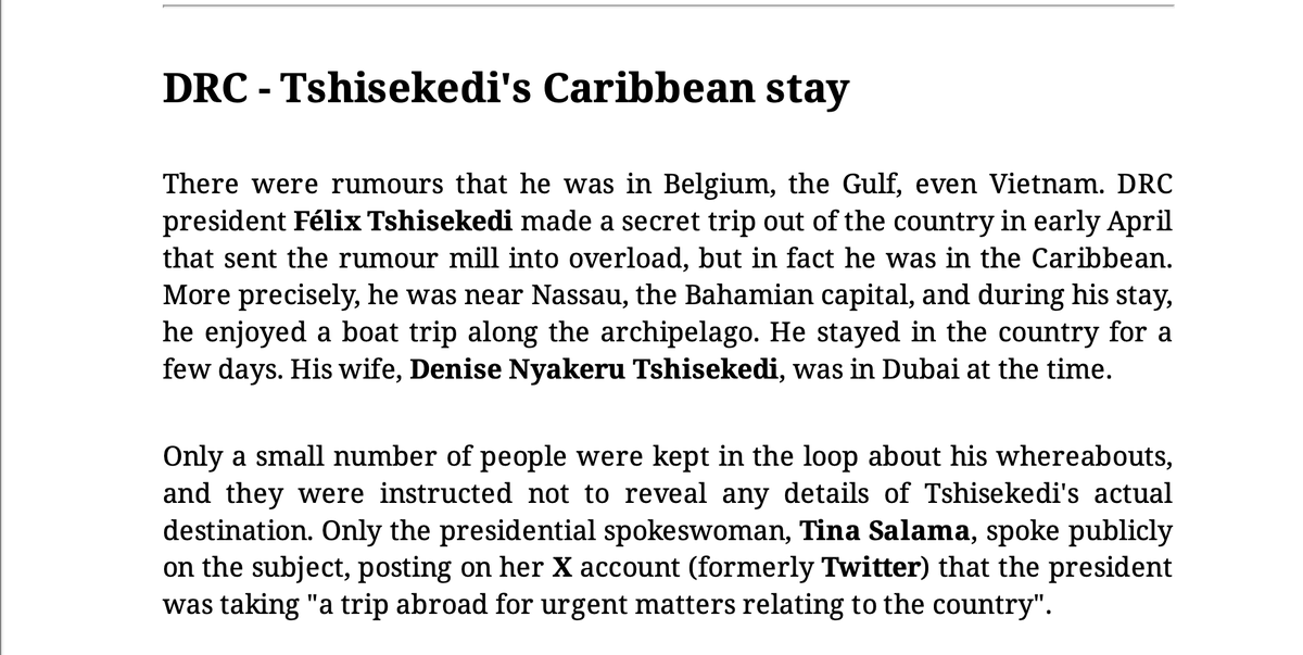 Pendant que Tshisekedi emmenait ses amis politiques (ils n'ont pas de cabinet) et des proches à Paris pour pleurnicher contre le Rwanda, le journal Africa Intelligence a découvert où Tshisekedi se cachait autour du 7 avril 2024. Il était dans les Caraïbes et profitait d'une