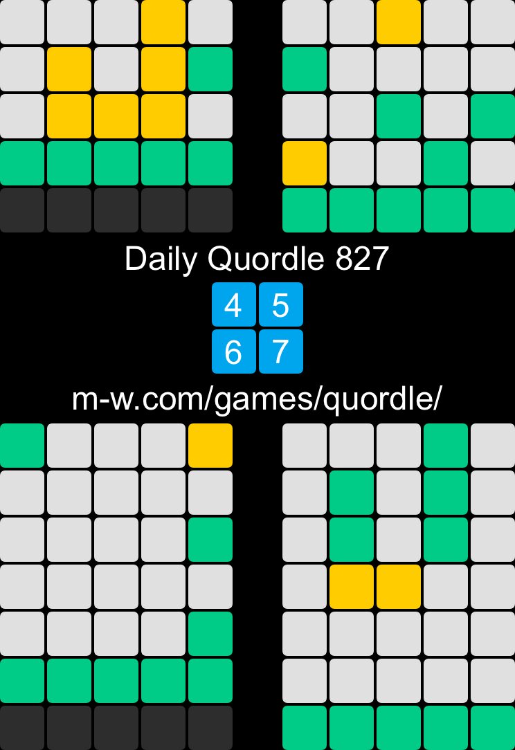 Daily Quordle 827 4️⃣5️⃣ 6️⃣7️⃣ m-w.com/games/quordle/