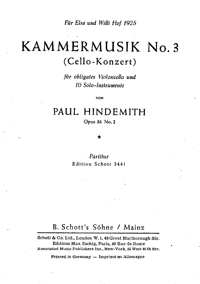 Escrita en 1925, esta 'Kammermusik' No. 3 se estructura a la manera de un concierto para cello. No para menos, Hindemith subtitula la partitura e indica que es 'para cello obligado y diez instrumentos solistas'. La propuesta se desarrolla en cuatro movimientos.