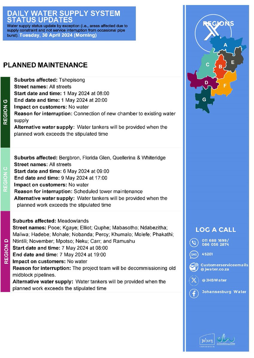 Daily water supply system status updates: Tuesday 30 April 2024 (Morning). ^X