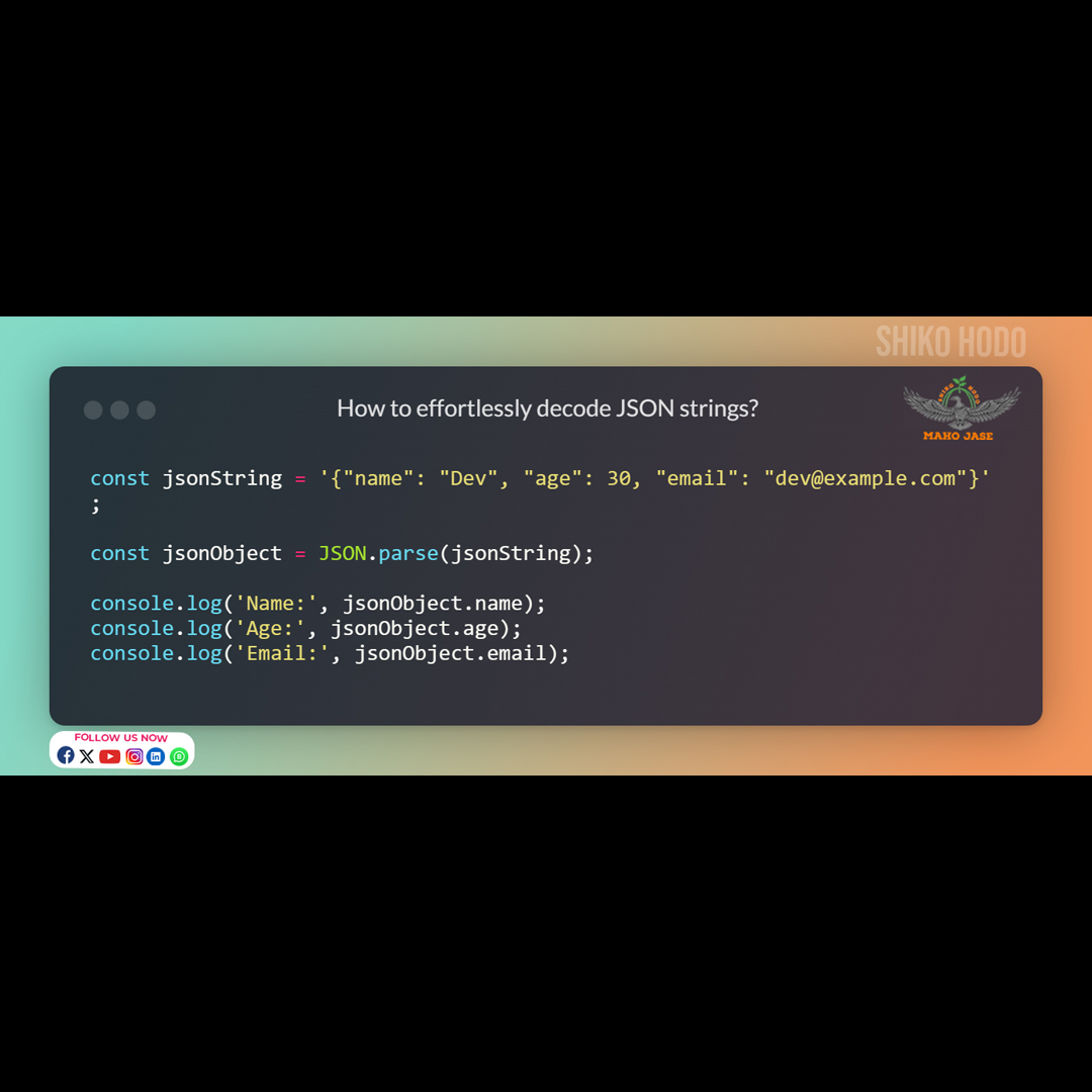 Decode JSON strings into JavaScript objects effortlessly with JSON.parse()! 🚀 . . . #WebDev #JSONParsing #Programming #DataHandling #FrontendDevelopment #CodeSnippet #JSONObjects #TechSolutions