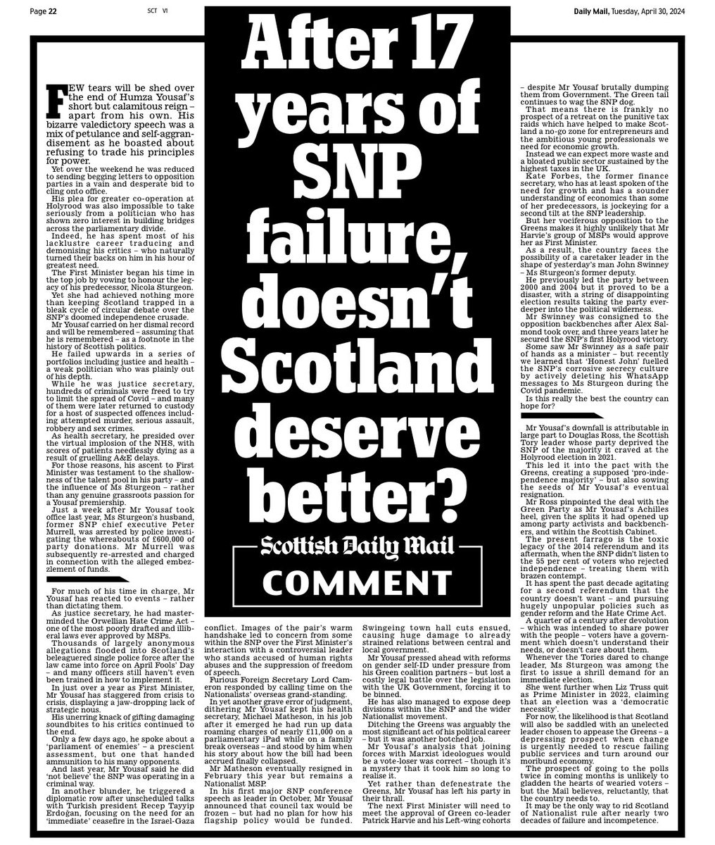 ✍️ From today’s leader column: The Mail calls for an election to give Scotland a chance of ending nearly 20 toxic years of SNP incompetence and failure. Read more on #MailPlus 👉 mailplus.co.uk/scottish-editi…