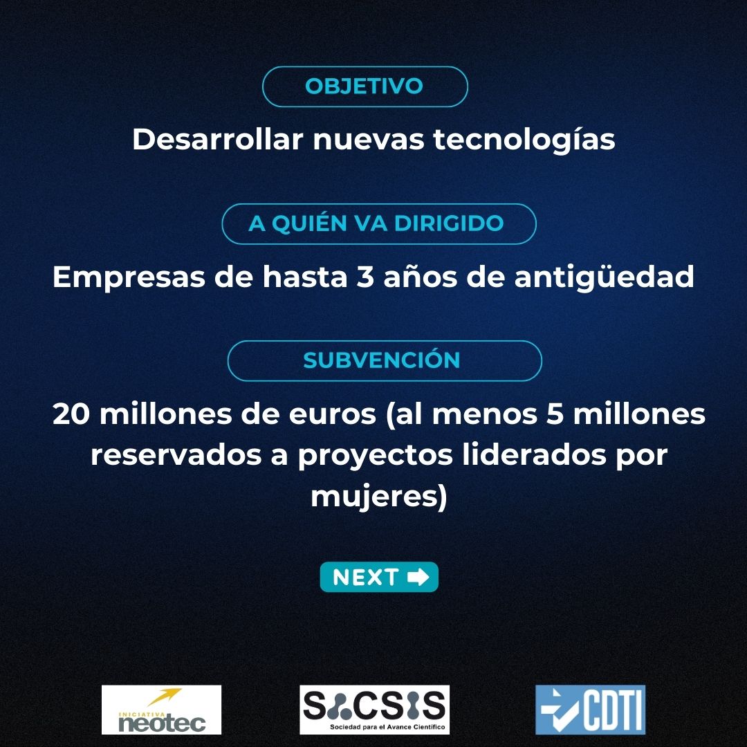 eSACSIS's tweet image. ¡La convocatoria #NEOTEC2024 del CDTI ya está abierta!

👍Para Empresas EBT. 
💶 Financiación de hasta 325K € 

Contacta con nosotros y déjanos contarte lo que podemos hacer por ti.

financiacioneinvestigacion.com/contacto/

#innovation #startup #NEOTEC #ayudasCDTI #tecnologia