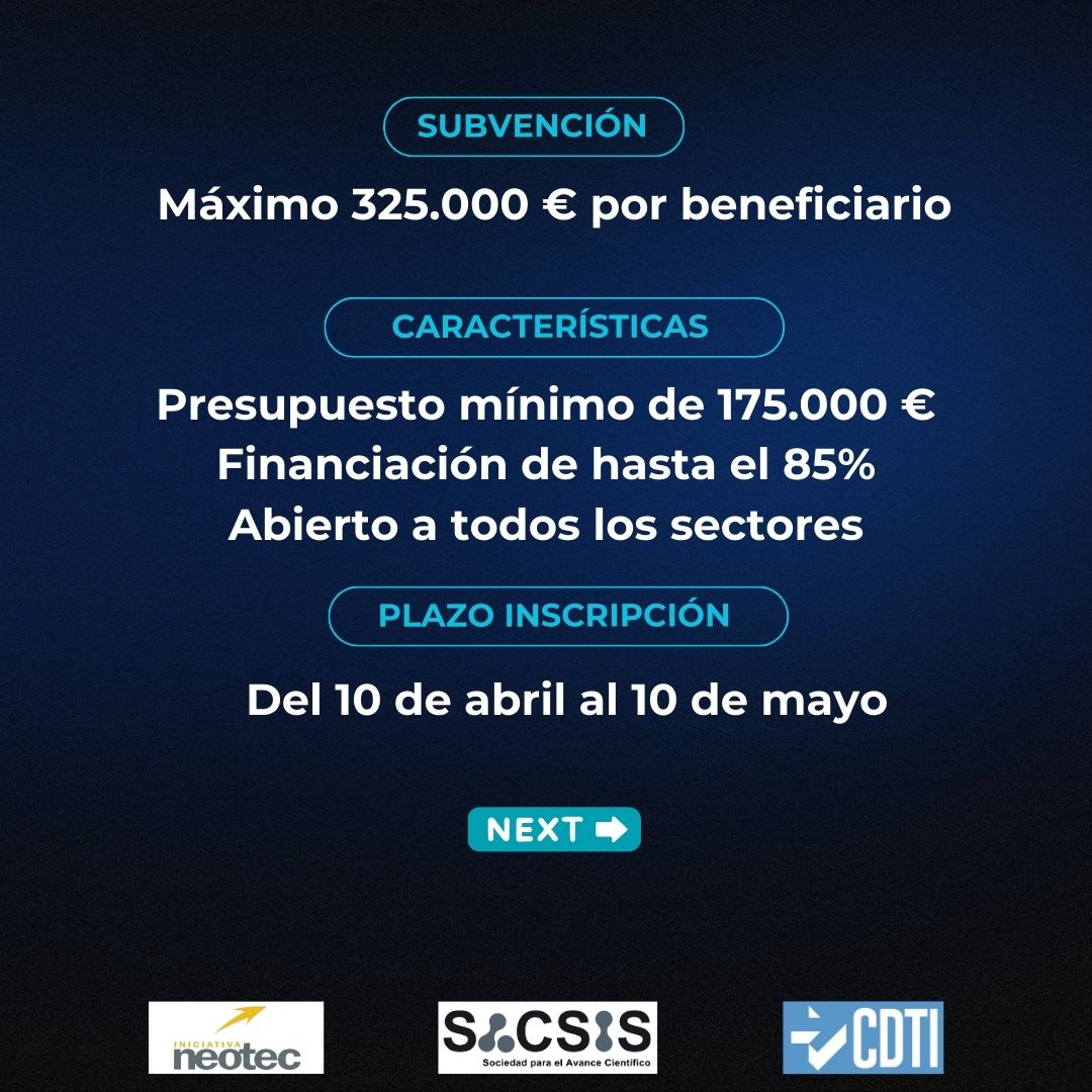 eSACSIS's tweet image. ¡La convocatoria #NEOTEC2024 del CDTI ya está abierta!

👍Para Empresas EBT. 
💶 Financiación de hasta 325K € 

Contacta con nosotros y déjanos contarte lo que podemos hacer por ti.

financiacioneinvestigacion.com/contacto/

#innovation #startup #NEOTEC #ayudasCDTI #tecnologia