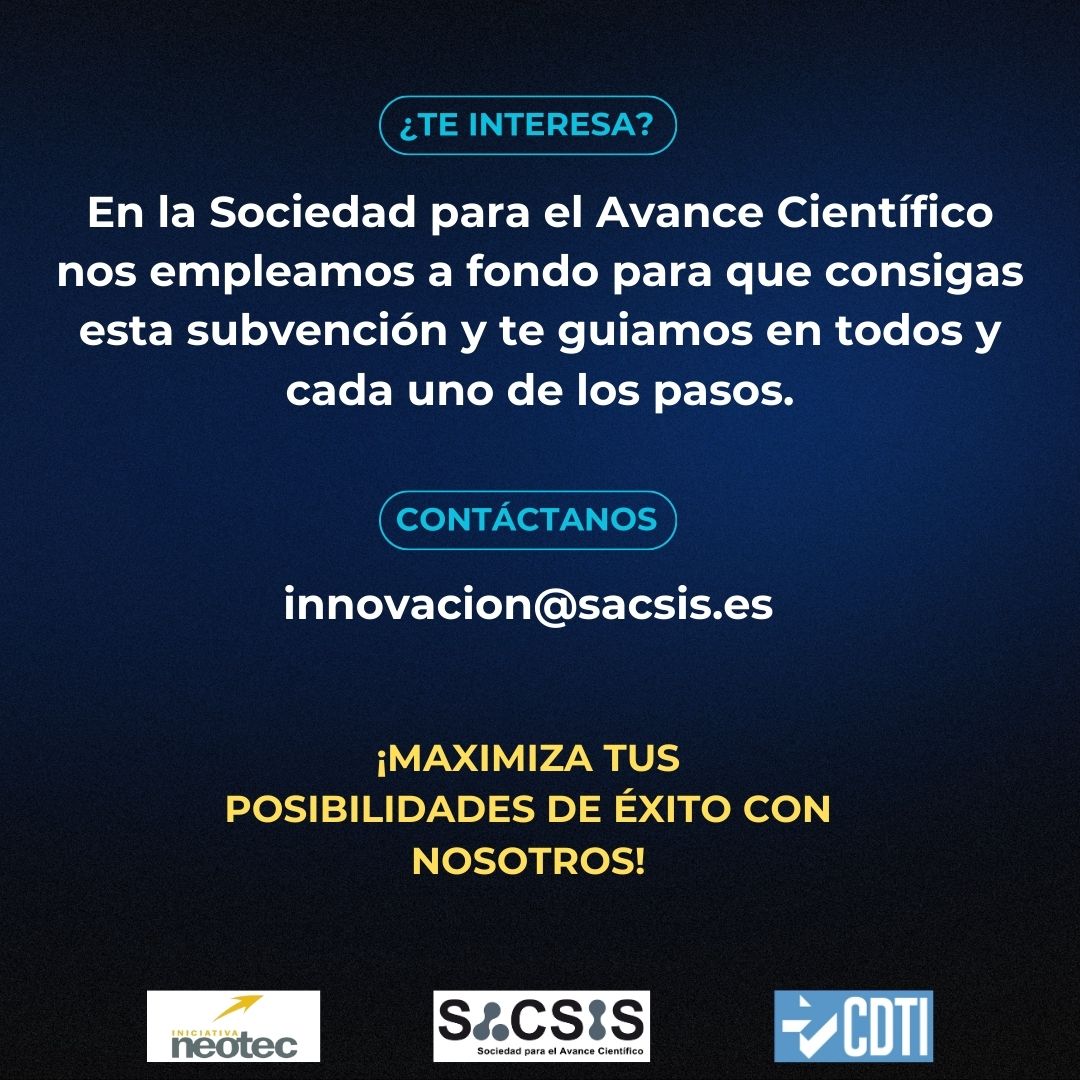 eSACSIS's tweet image. ¡La convocatoria #NEOTEC2024 del CDTI ya está abierta!

👍Para Empresas EBT. 
💶 Financiación de hasta 325K € 

Contacta con nosotros y déjanos contarte lo que podemos hacer por ti.

financiacioneinvestigacion.com/contacto/

#innovation #startup #NEOTEC #ayudasCDTI #tecnologia