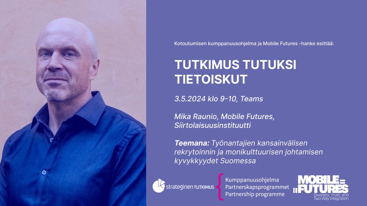 MobileFuturesFI's tweet photo. Tervetuloa mukaan kevään viimeiseen Tutkimus tutuksi tietoiskuun jossa Mobile Futures tutkija @MRaunio esittelee tutkimustaan!

➡️Lisätiedot ja ilmoittautuminen: https://t.co/kBGDDMdC92

@Akatemia_STN @info_migration @Kumppanuudessa https://t.co/YiUsxxX4Fh