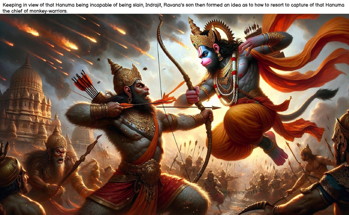 #Sundarakanda

ततो मतिम् राक्षसराजसूनु |
श्चकार तस्मिन् हरिवीरमुख्ये |
अवध्यताम् तस्य कपेः समीक्ष्य |
कथम् निगच्छेदिति निग्रहार्थम् || ५-४८-३५

Keeping in view of that Hanuma being incapable of being slain, Indrajit, Ravana's son then formed an idea as to how to resort to capture…