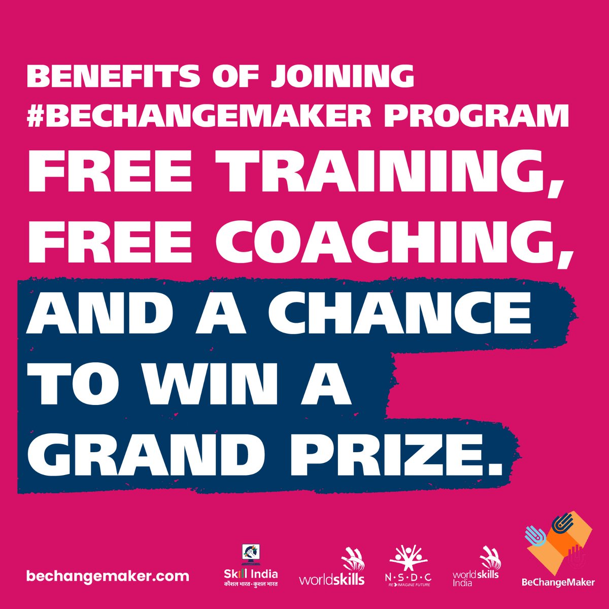 Unlock your potential with #BeChangeMaker! From free training to personalized coaching, we provide all the tools you need to bring your social enterprise to life. Take advantage of this incredible opportunity! Apply now: worldskills.org/what/projects/… #NSDC #IndiaSkills #WorldSkills