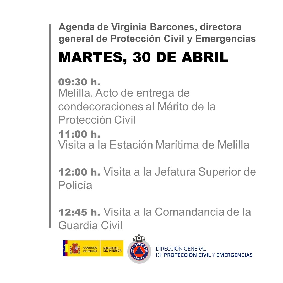 La agenda de @VirBarcones directora general de @proteccioncivil @interiorgob para hoy #martes en su visita a #Melilla: