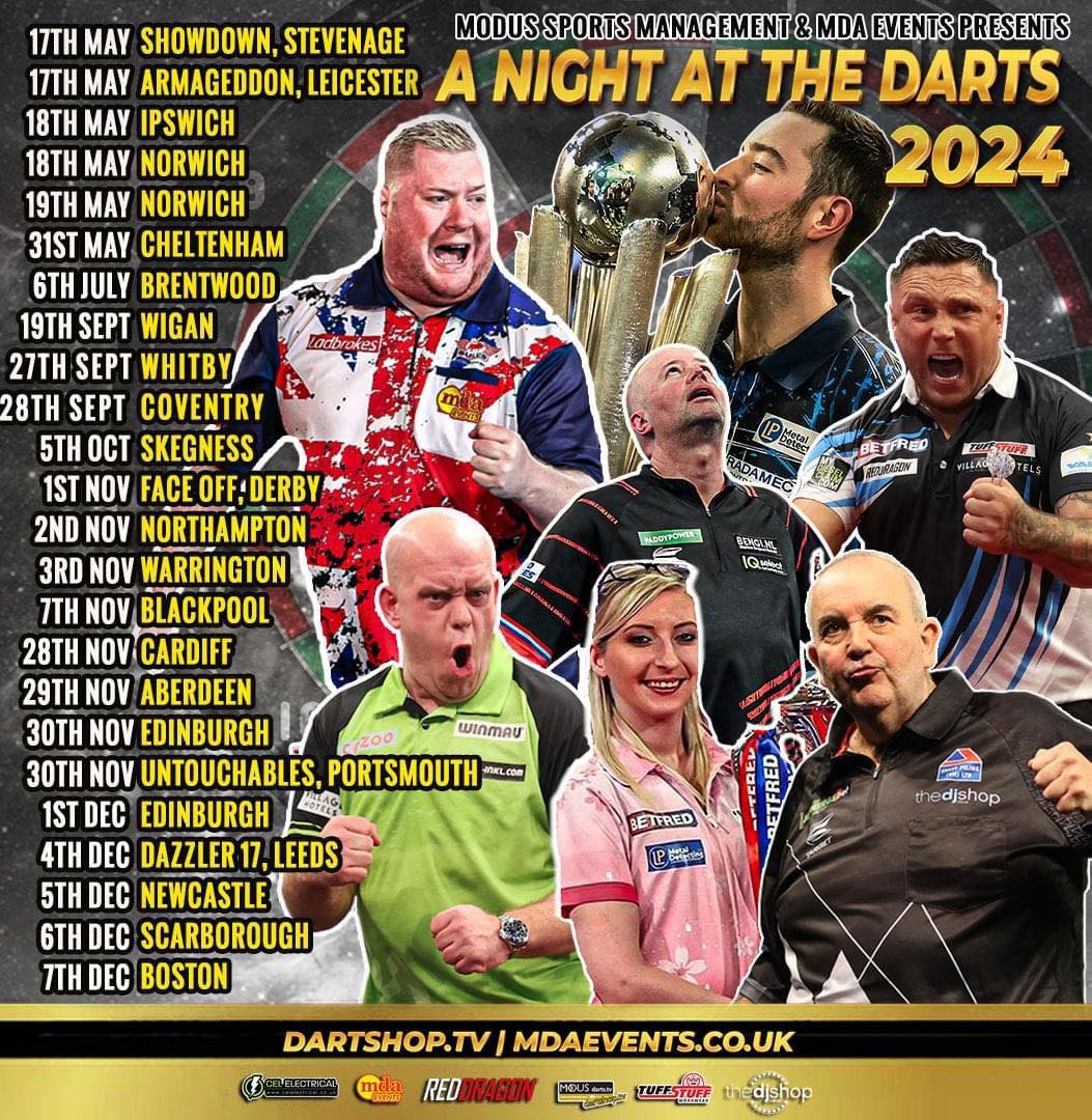 Our Calendar 🔥🔥 Bringing you the biggest stars in the sport our events are unrivalled and we are coming to a town or city near you in 2024 which event are you coming to? Book now 👉🏻 bit.ly/DartshopEvents Who is your favourite player at our events?
