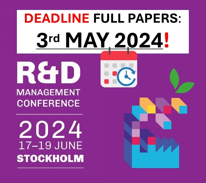 ⏰ ONLY A FEW DAYS LEFT to submit your full paper to R&D Management Conference!

📅 Deadline: 3️⃣ May 2024!

📑 Don’t forget to also REGISTER for the conference - Early bird rates available until May 3rd!

🎊 We look forward to meeting you in Stockholm!

#rnd2024 #rndmgmt