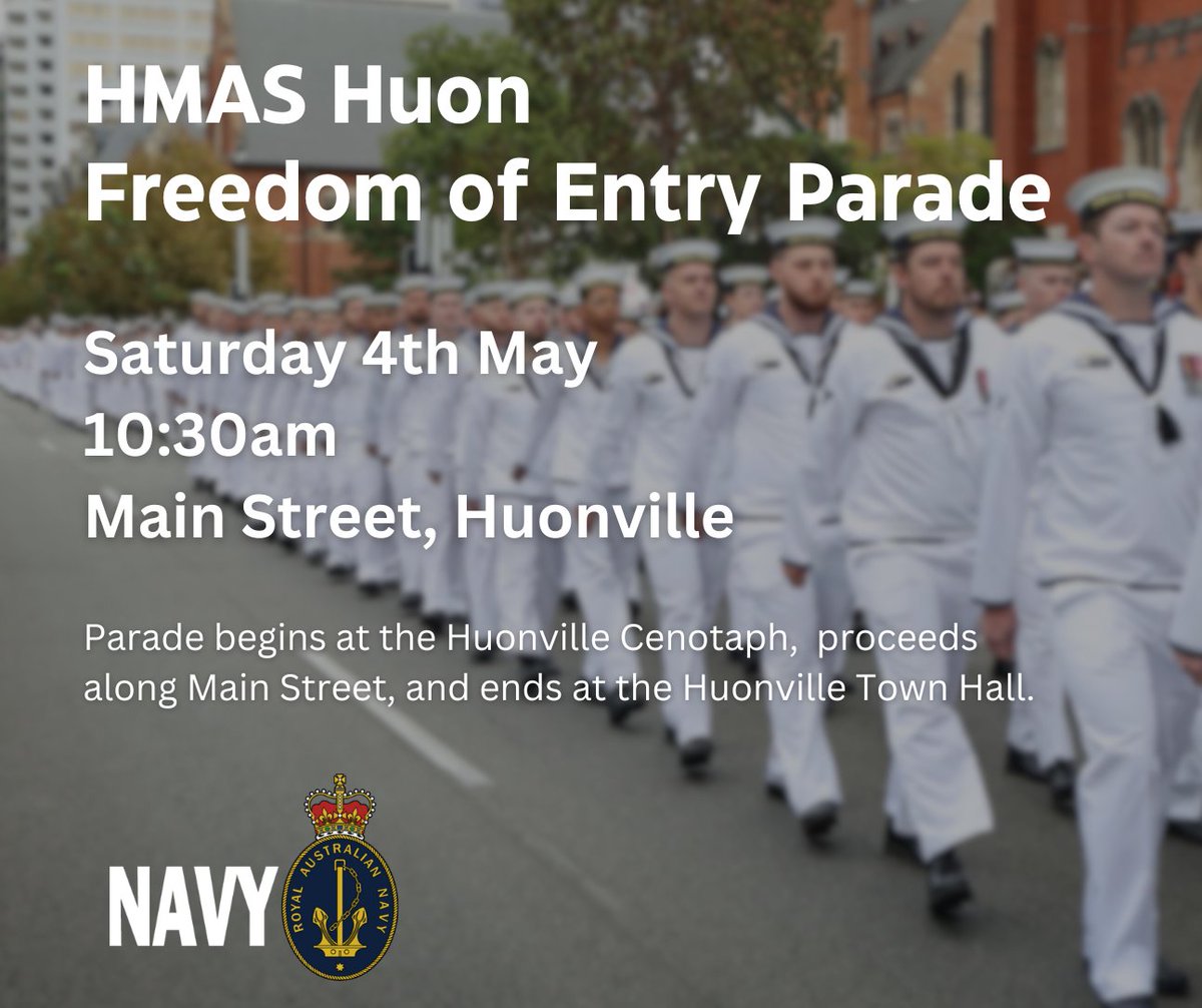 On Saturday 4 May 2024, HMAS Huon (II) will conduct a Freedom of Entry in Huonville, Tasmania. For more information go to navy.gov.au/community-enga…