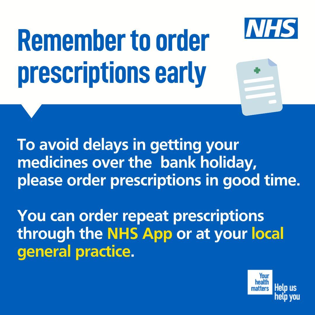 Bank Holiday Monday (6th of May), is almost here. Local GP’s and pharmacies will be closed. Don't forget to order and collect your repeat prescriptions in plenty of time. #HelpUsHelpYou