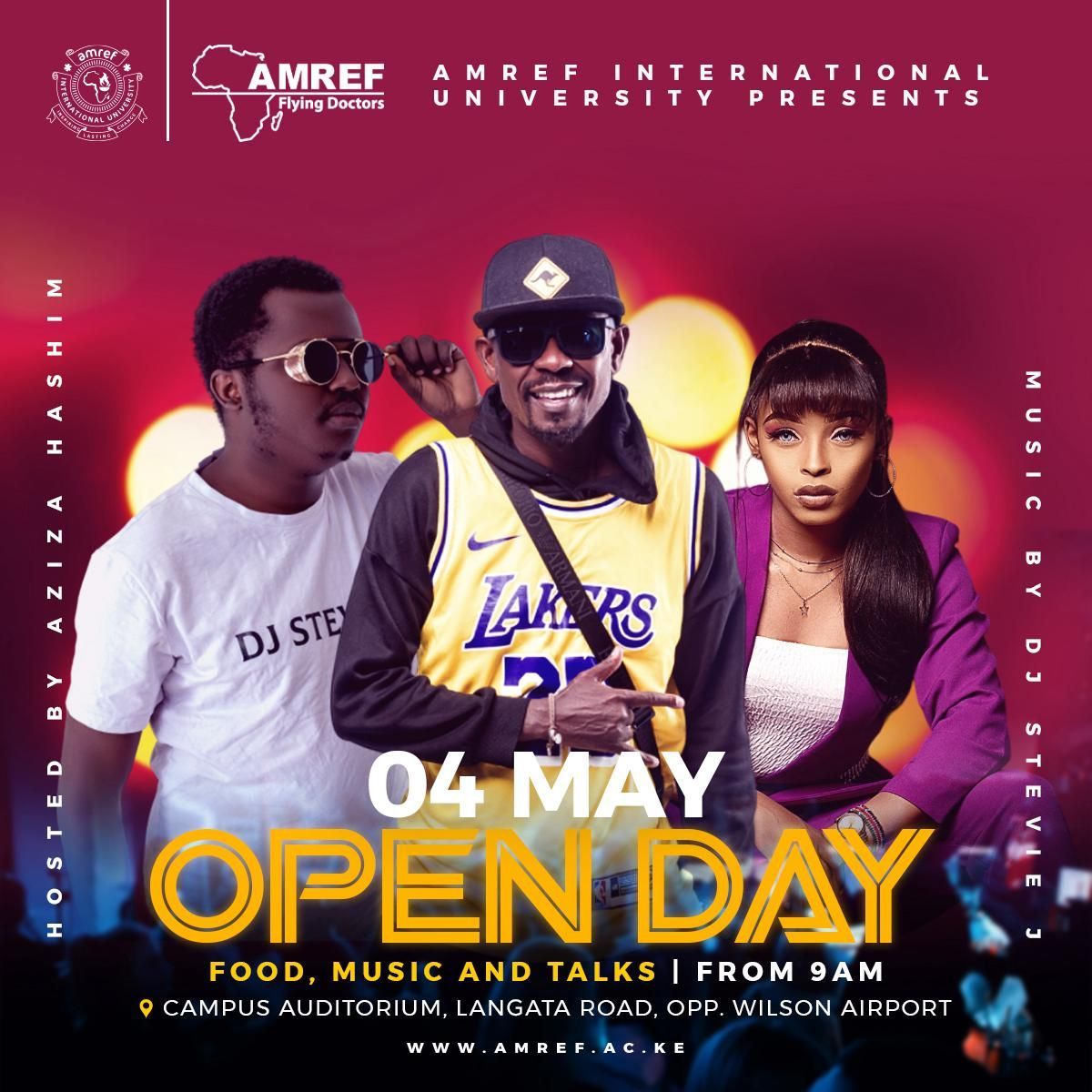 #AMIUOpenDay🥳 @AmrefUniversity invites you for an #openday on May 4th, 2024. This is a golden opportunity to discover the wealth of #healthsciencecourses we offer. Frasha of P-Unit and DJ Stevie J will be performing, and a Q&A session with host Aziza Hashim. See you there!🤩