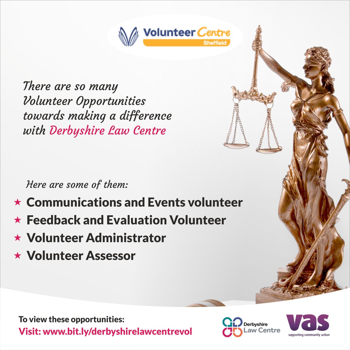 Make a Difference with @DerbyshireLC through several volunteering opportunities including; - Helping with communications and events. - Giving feedback and evaluating. - Doing administrative tasks. - Assessing volunteer opportunities. Visit: bit.ly/derbyshirelawc…