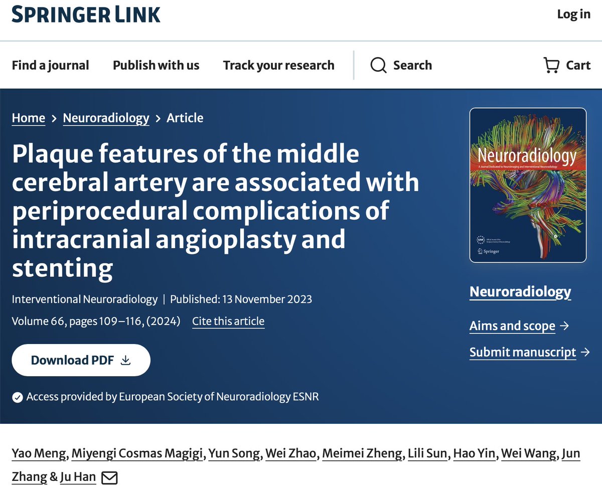 Plaque features of the middle cerebral artery are associated with periprocedural complications of intracranial angioplasty and stenting, by Y Meng et al on #Neuroradiology January Issue #neurorad link.springer.com/article/10.100… @esnrad