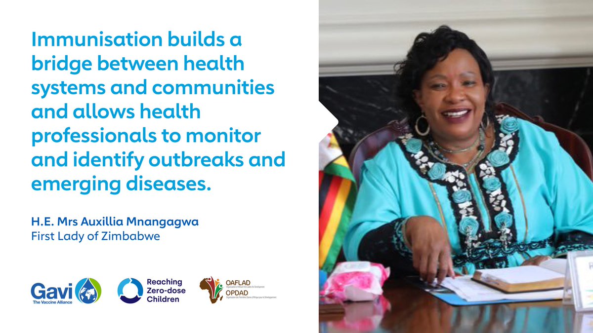 “The importance of immunisation reaching all children is paramount and ensures all children have an equal chance of being healthy and productive members of society”. H.E. Mrs Auxillia Mnangagwa, First Lady of Zimbabwe #HumanlyPossible #VaccinesWork @GAVI @whoAFRO @_AfricanUnion…