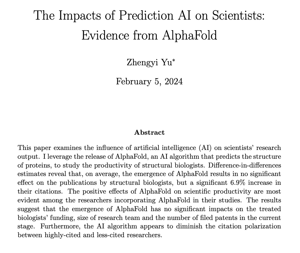 The Impacts of Prediction AI on Scientists: Evidence from AlphaFold
New preprint analysing AF impact on structural biology. Provides evidence of impact on adopter (citer) productivity, the types of proteins studied (bigger, harder, newer), and decreased citation polarisation.