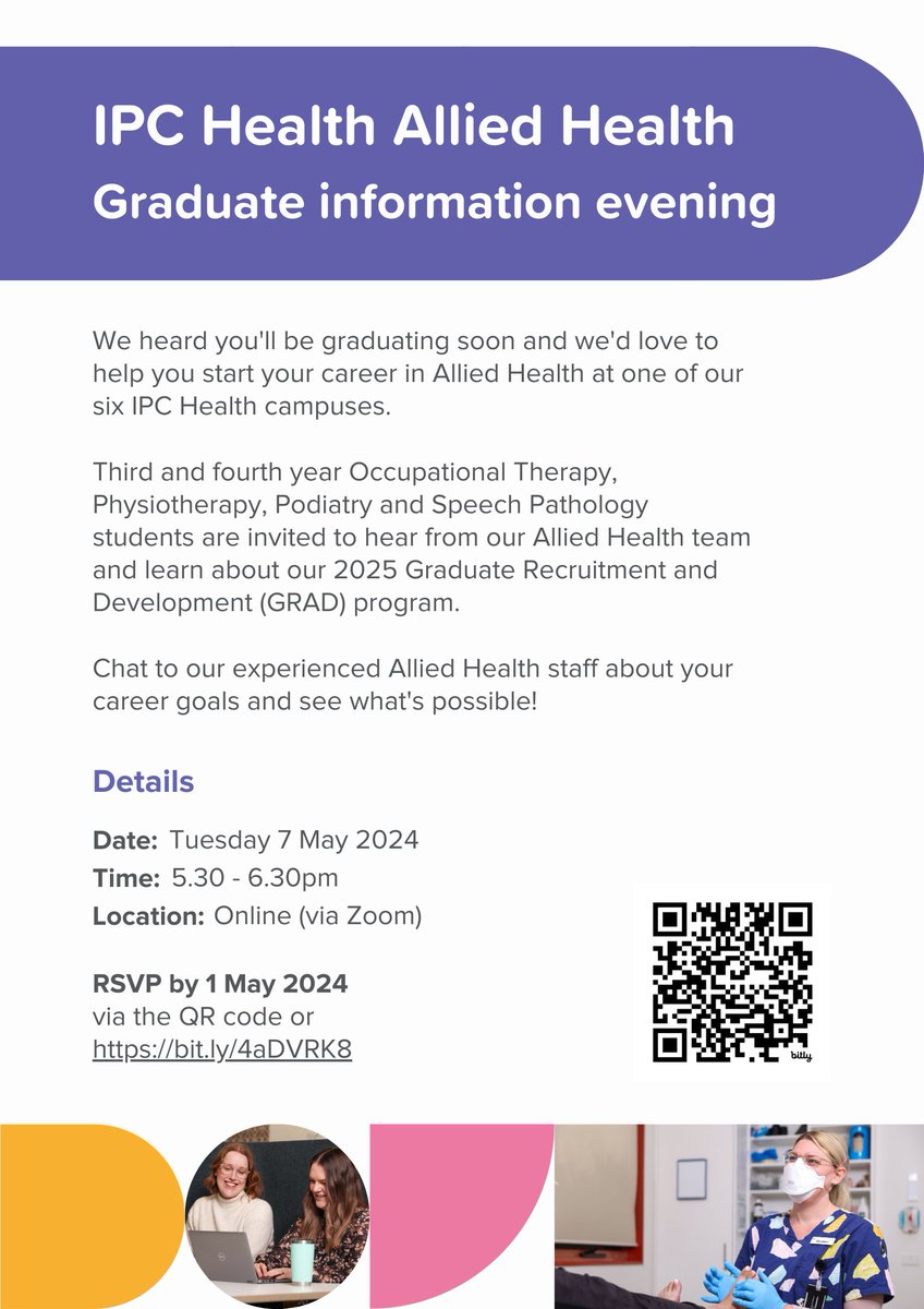 Third and fourth year #OT, #physio, #podiatry and #speechie students are invited to hear from our #AlliedHealth team and learn about our new graduate employment program. 

See the flyer below for more details ⬇️ and send your RSVP by 1 May | ow.ly/Suf950NvrSf