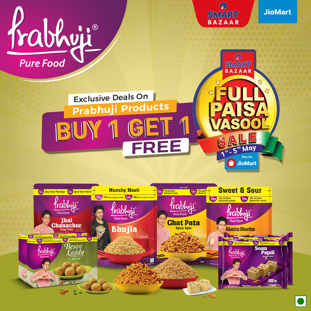 💯Exclusive deals just for you! Buy 1 Get 1 Free on Prabhuji Sweets & Namkeen at Smart Bazar's 'Full Paisa Vasool Sale' 🤩
Shop Now!🛒
.
.
.
#FullPaisaVasoolSale #Sale #Offer #PrabhujiSweetsNamkeens #Buy1Get1Freeoffer #SmartBaazar #PrabhujiPureFood #PureTaste