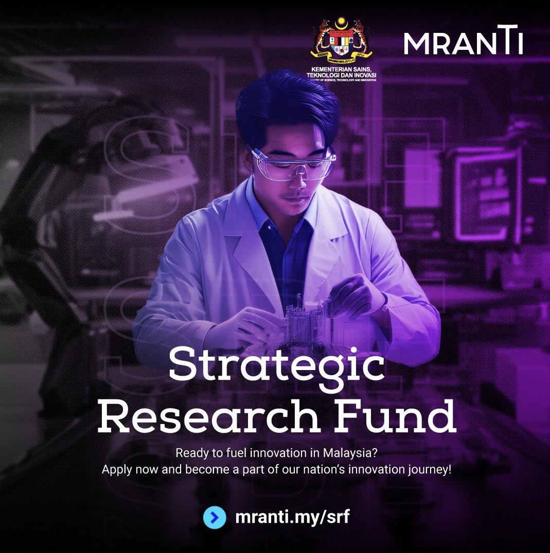 📣 CALLING FOR APPLICATIONS! 📣

The Strategic Research Fund (SRF) is now open for applications!

Our goal is to finance strategic research and top-down initiatives aligned with national priorities.

Apply now at mranti.my/srf.