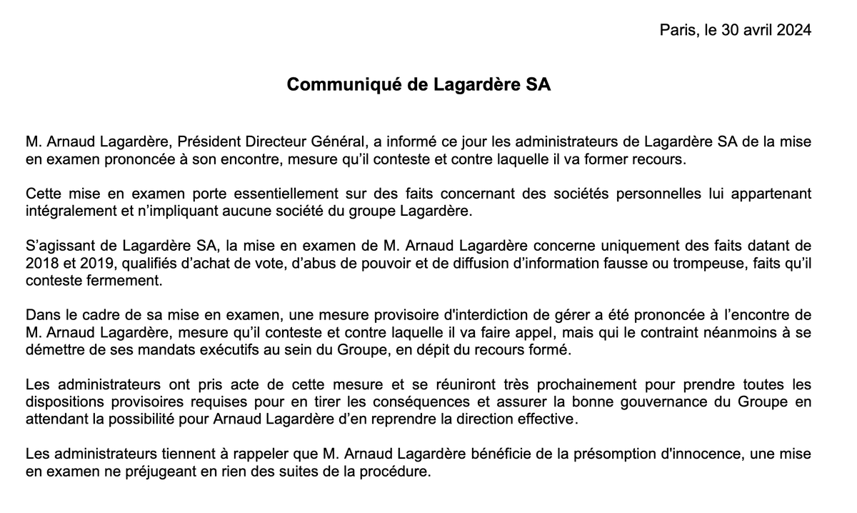 Arnaud Lagardère annonce se démettre de ses mandats de PDG du groupe Lagardère et de sa filiale Hachette Livre