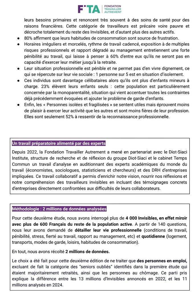 [Vrai sujet : Les Invisibles] Étude de la @FondationTA sur les 'travailleurs invisibles' à laquelle @maillardenis est associé : _11 millions de travailleurs sont définis comme invisibles mais essentiels soit 33 % de de la population active ; _Ils travaillent 10% de mois que les…