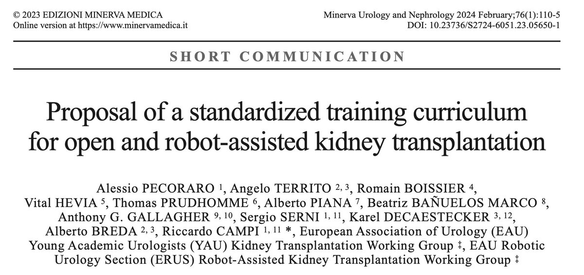 Proud to share three papers on #training in #robotic &amp; open #kidney transplantation in collaboration with <a href="/ERUSrobotics/">ERUS Robotic Urology</a> &amp; <a href="/YAU_Transplant/">EAU-YAU-Kidney Transplant Working Group</a> 

pubmed.ncbi.nlm.nih.gov/38554210/ (open access <a href="/wjurol/">World Journal of Urology</a>)

pubmed.ncbi.nlm.nih.gov/38426428/
&amp; pubmed.ncbi.nlm.nih.gov/38426425/
<a href="/MUN_journal/">Minerva Urology and Nephrology</a> 

Thanks to all authors!