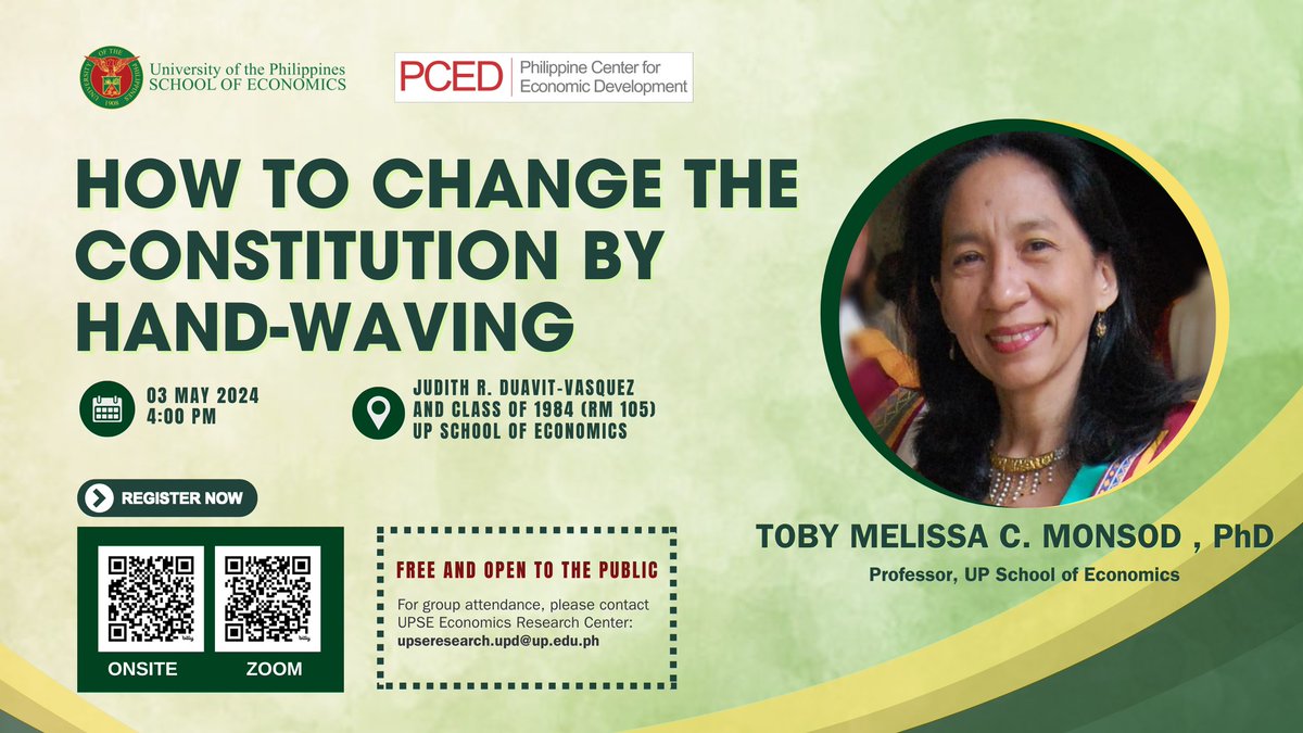 The @upsediliman will hold a seminar called 'How to change the constitution by hand-waving', on May 3, 4PM at the UPSE and via Zoom.

Register:
Onsite: bit.ly/44rfjaY  
Zoom: bit.ly/3xWbqP3 

Padayon! 
#UPPadayon 
#SDG16 

Read more here: bit.ly/3QnBU2a