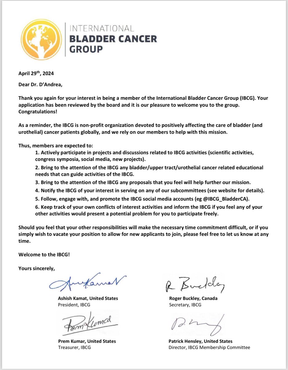 David D'Andrea (@davdandrea) on Twitter photo Honored to be accepted as a member of the prestigious #IBCG
Looking forward to shape the future of #bladder #cancer
<a href="/UroDocAsh/">Ashish M. Kamat, MD, MBBS</a> Honored to be accepted as a member of the prestigious #IBCG
Looking forward to shape the future of #bladder #cancer
<a href="/UroDocAsh/">Ashish M. Kamat, MD, MBBS</a>