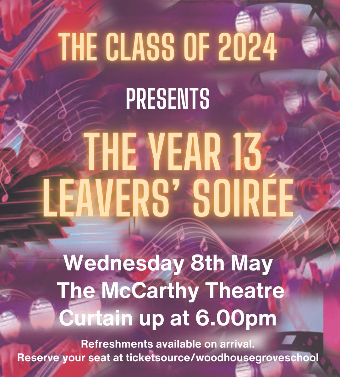 Just over a week until our wonderful Year 13 Leavers’ Soirée. Get your tickets now so you don’t miss out! <a href="/MusicWGS/">WGS Music</a> 
ticketsource.co.uk/woodhousegrove…